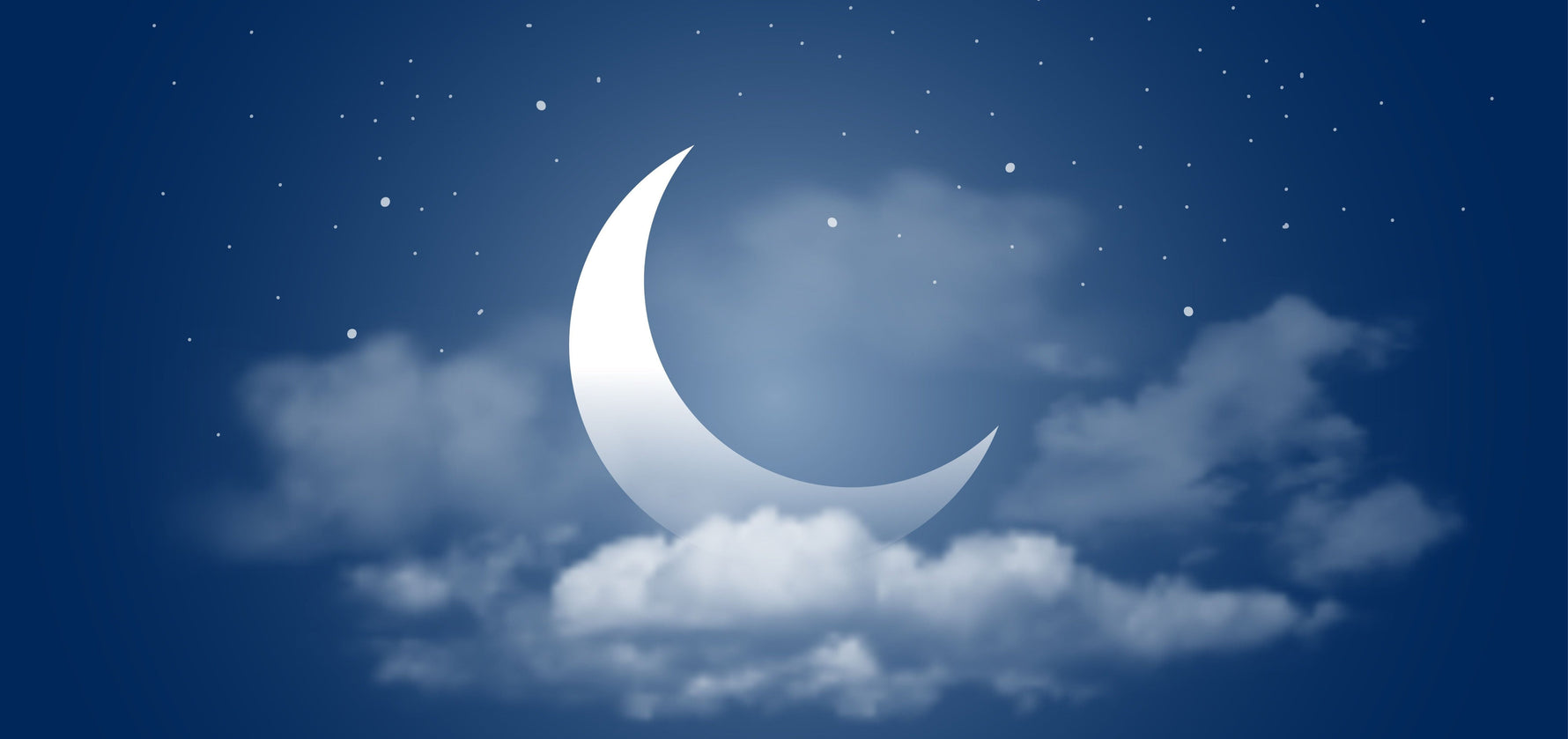 A delicate crescent moon shines amidst fluffy clouds in the night sky, evoking a peaceful and dreamy atmosphere for a great nights sleep.