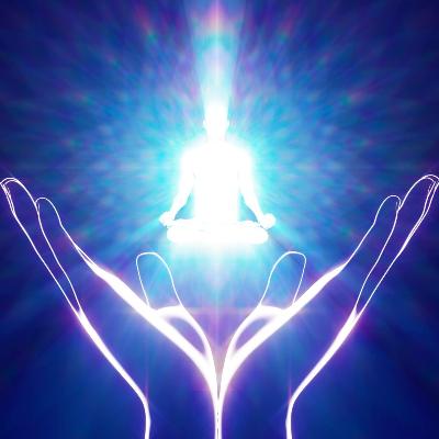 Hands uplift a glowing light, encircling a person standing in the center, symbolizing relaxation.